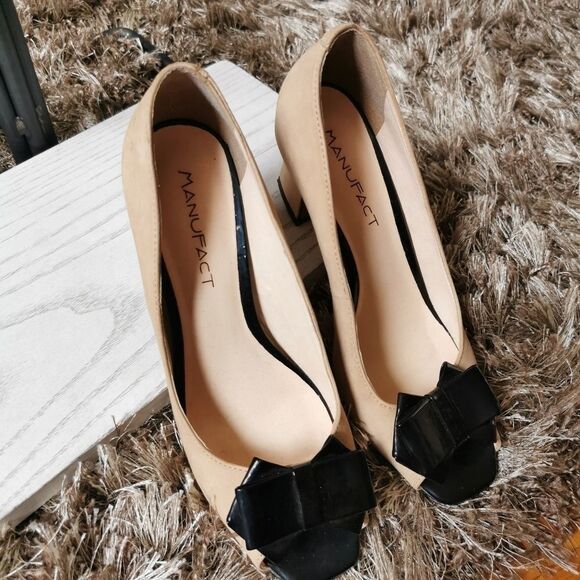 US 9 heel peep toe suede cream black - Picture 14 of 16